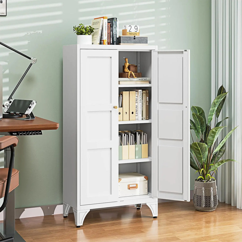 Metal Storage Cabinet with Doors and Shelves,47.3" H Bathroom Floor Kitchen Pantry Utility Cupboard Dining Home Office/Garage Organizers,White