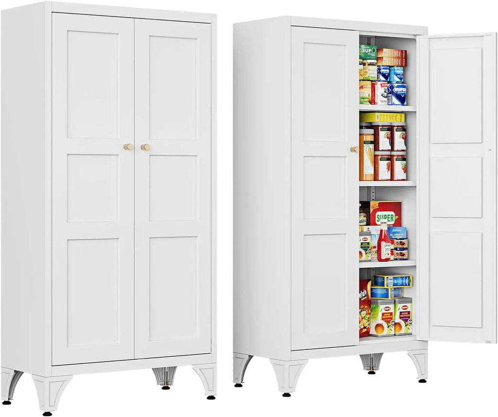 Metal Storage Cabinet with Doors and Shelves,47.3" H Bathroom Floor Kitchen Pantry Utility Cupboard Dining Home Office/Garage Organizers,White