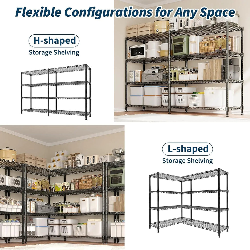 4-Tier Heavy Duty Metal Storage Shelves, 60"W – 1060LBS Capacity Adjustable Wire Rack, Convertible L-Shaped Standing Shelving Unit for Garage, Kitchen, Pantry & Commercial Use